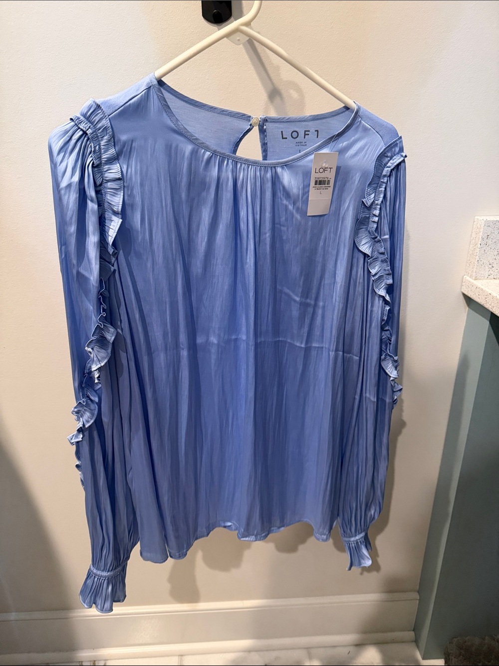 LOFT Blue Ruffle-Trim Long Sleeve Blouse